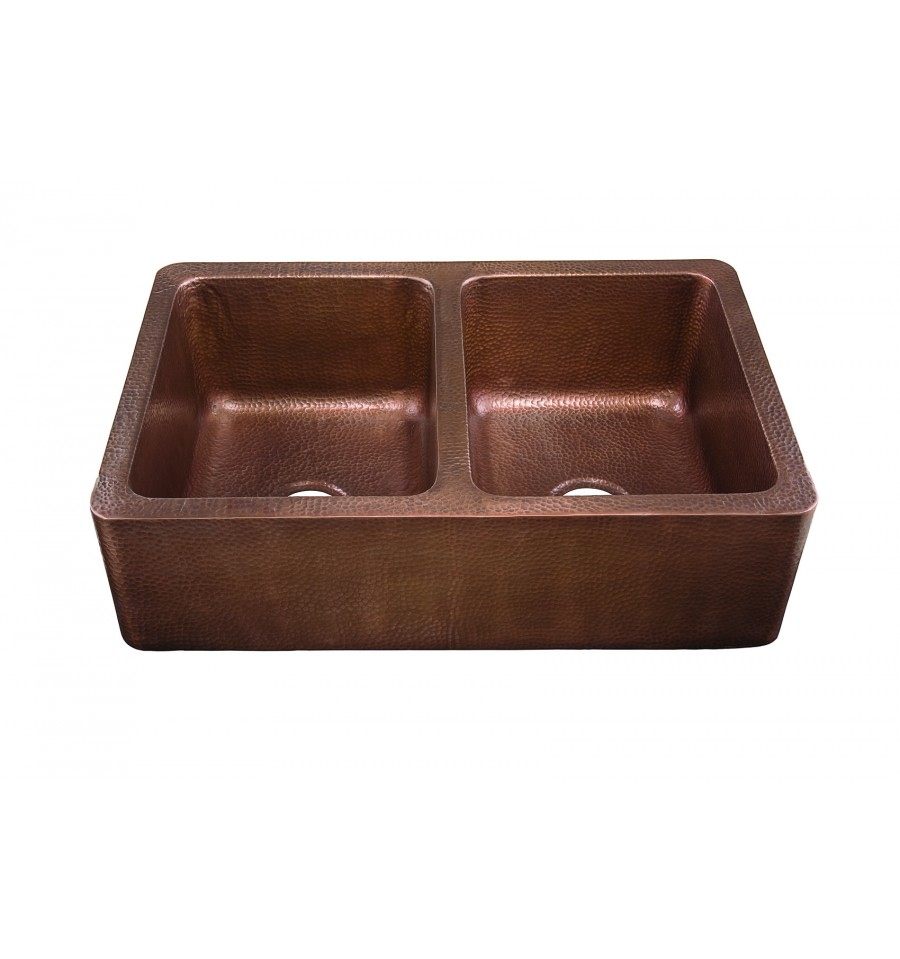 Thompson Traders Sinks - Apron Front Kitchen - Quiroga Antique Copper Double Bowl - KDA-3322AH - Antique Copper Hammered Finish