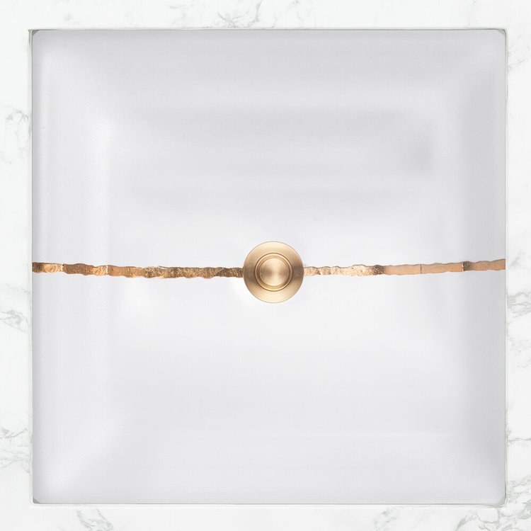 Linkasink Bathroom Sinks - Artisan Glass - AG02E-01BRS - RIVER Square - White Glass with Brass Accent - Undermount - OD: 16.5” x 16.5” x 4” - ID:14” x 14” - Drain: 1.5"