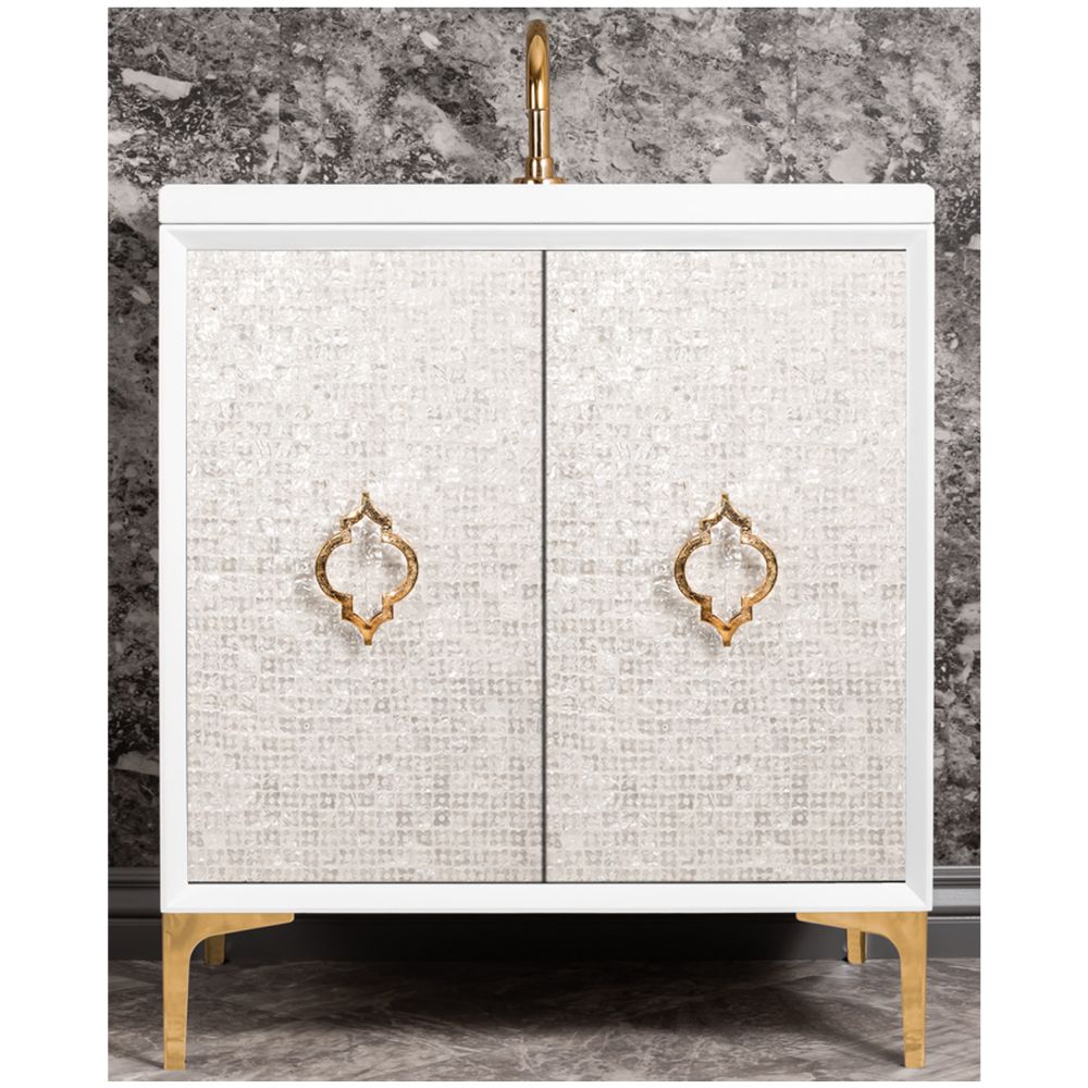 Linkasink Sink Vanities - VAN30W-004PB - MOTHER OF PEARL with Arabesque Pull 30" Wide Vanity - White - Polished Brass Hardware - 30" x 22" x 33.5" (without vanity top)