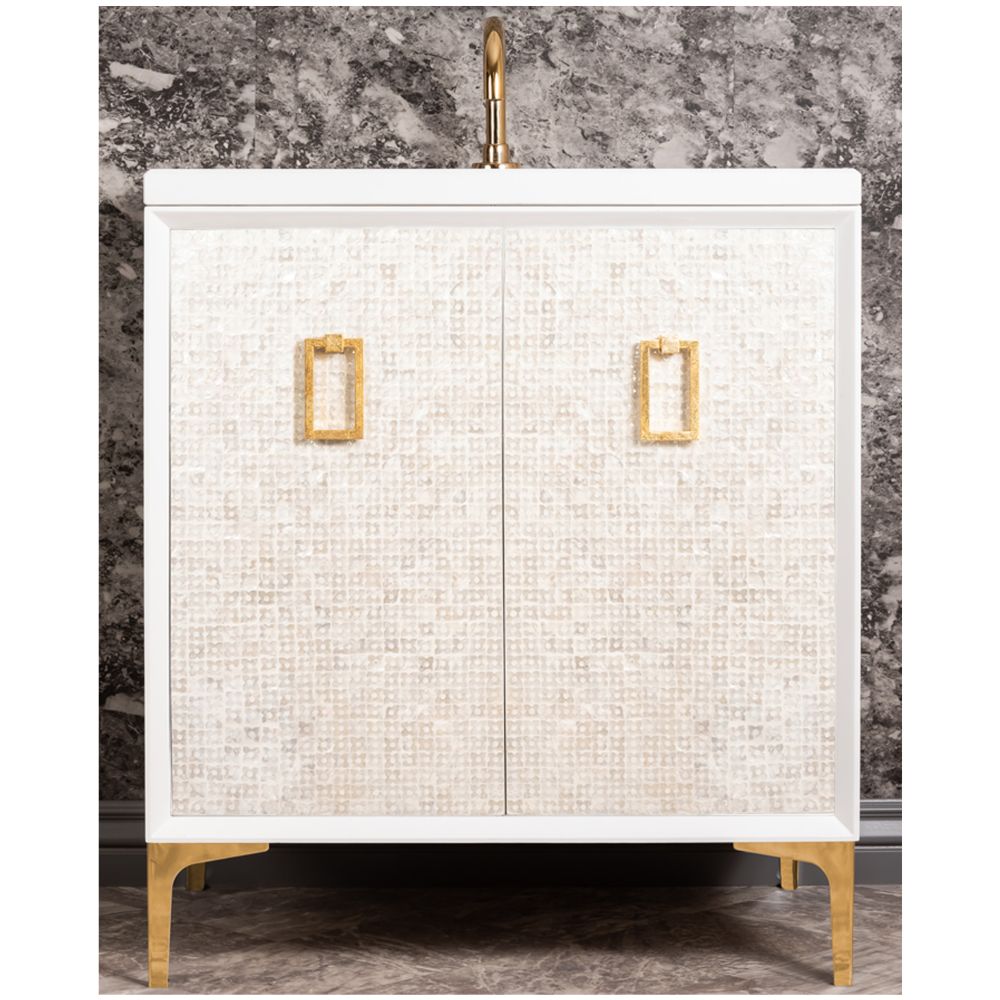 Linkasink Sink Vanities - VAN30W-005PB - MOTHER OF PEARL with Coach Pull 30" Wide Vanity - White - Polished Brass Hardware - 30" x 22" x 33.5" (without vanity top)