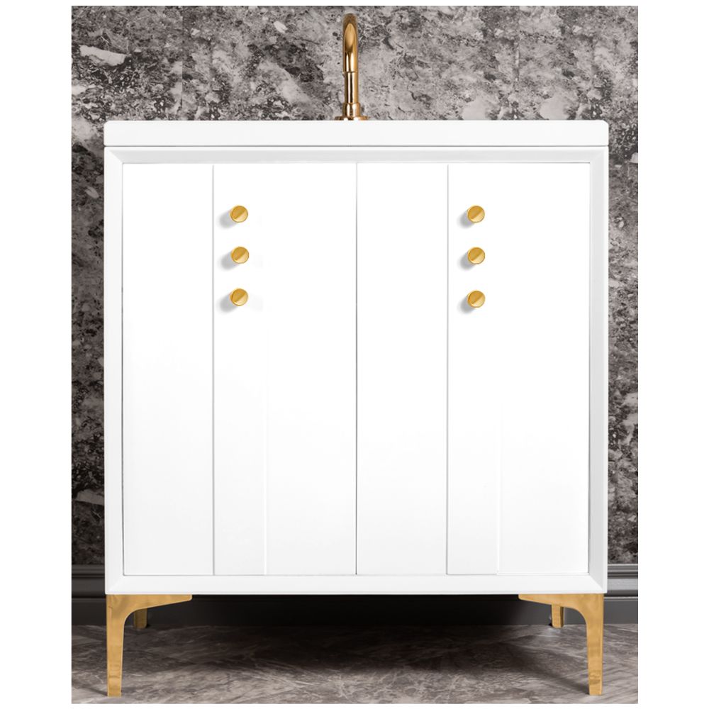 Linkasink Sink Vanities - VAN30W-009PB - TUXEDO with Buttons 30" Wide Vanity - White - Polished Brass Hardware - 30" x 22" x 33.5" (without vanity top)