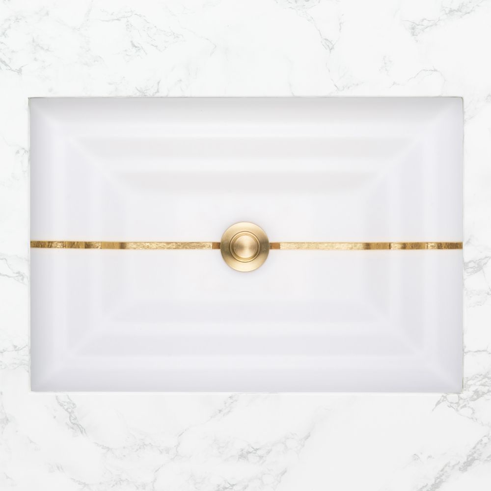 Linkasink Bathroom Sinks - Artisan Glass - AG01A-01GLD - STRIPE Small Rectangle - White Glass with Gold Accent - Undermount - OD: 18" x 12" x 4" - ID: 15.5" x 10" - Drain: 1.5"