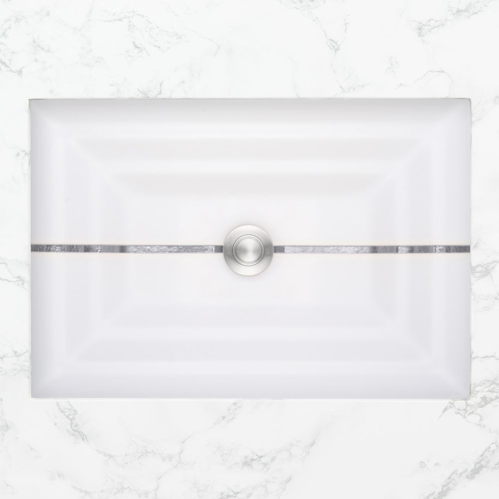 Linkasink Bathroom Sinks - Artisan Glass - AG01A-01SLV - STRIPE Small Rectangle - White Glass with Silver Accent - Undermount - OD: 18" x 12" x 4" - ID: 15.5" x 10" - Drain: 1.5"