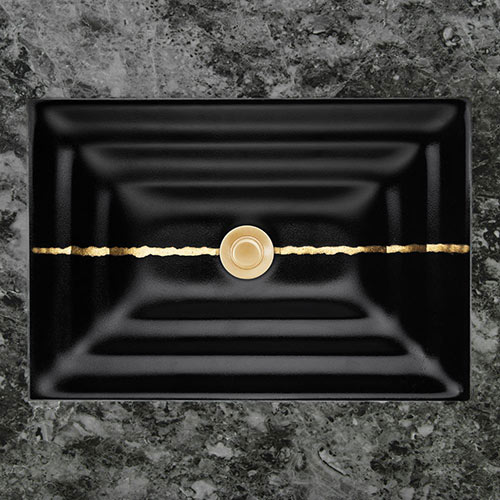 Linkasink Bathroom Sinks - Artisan Glass - AG02A-04BRS - RIVER Small Rectangle - Black Glass with Brass Accent - Undermount - OD: 18" x 12" x 4" - ID: 15.5" x 10" - Drain: 1.5"