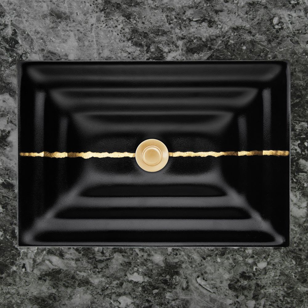 Linkasink Bathroom Sinks - Artisan Glass - AG02A-04GLD - RIVER Small Rectangle - Black Glass with Gold Accent - Undermount - OD: 18" x 12" x 4" - ID: 15.5" x 10" - Drain: 1.5"