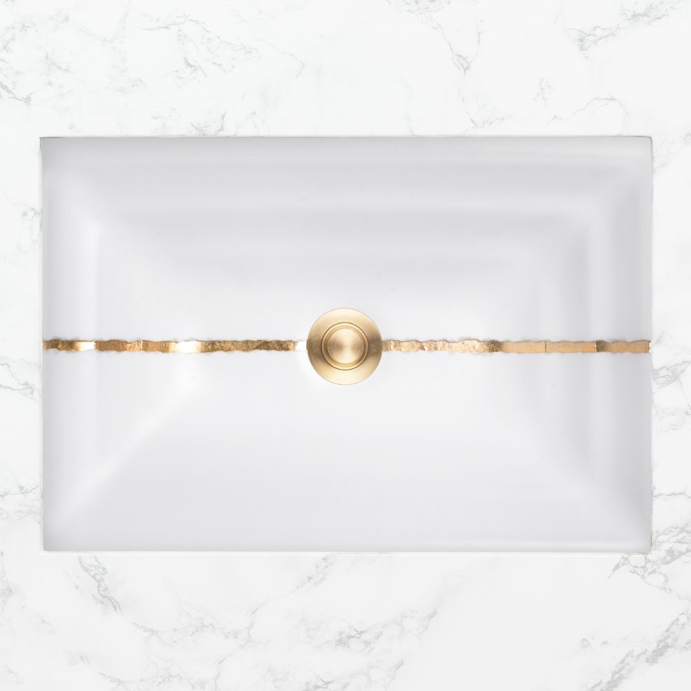 Linkasink Bathroom Sinks - Artisan Glass - AG02B-01BRS - RIVER Medium Rectangle - White Glass with Brass Accent - Undermount - OD: 20" x 14" x 4" - ID: 18" x 12" - Drain: 1.5"