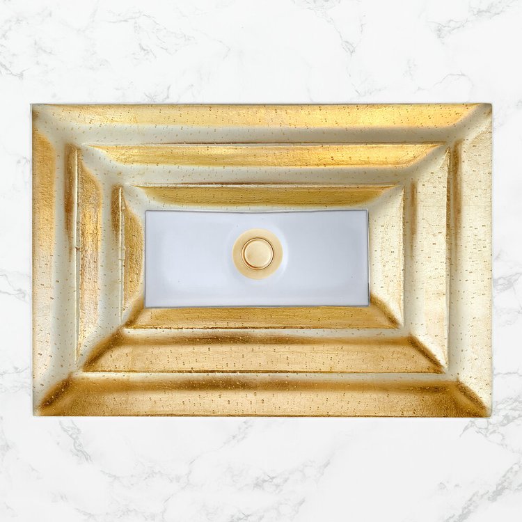 Linkasink Bathroom Sinks - Artisan Glass - AG10A-01GLD - Églomisé Small Rectangle - Gold with White Window - Undermount - OD: 18" x 12" x 4" - ID: 15.5" x 10" - Drain: 1.5"