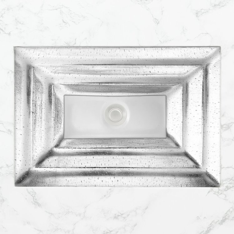 Linkasink Bathroom Sinks - Artisan Glass - AG10A-01SLV - Églomisé Small Rectangle - Silver with White Window - Undermount - OD: 18" x 12" x 4" - ID: 15.5" x 10" - Drain: 1.5"