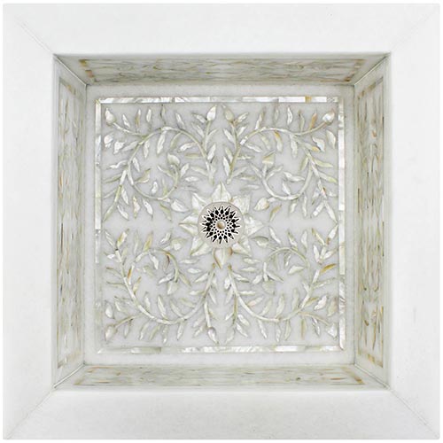 Linkasink Bathroom Sinks - White Marble with Mother of Pearl Inlay - MI14 Square Floral Drop-In Bath Sink