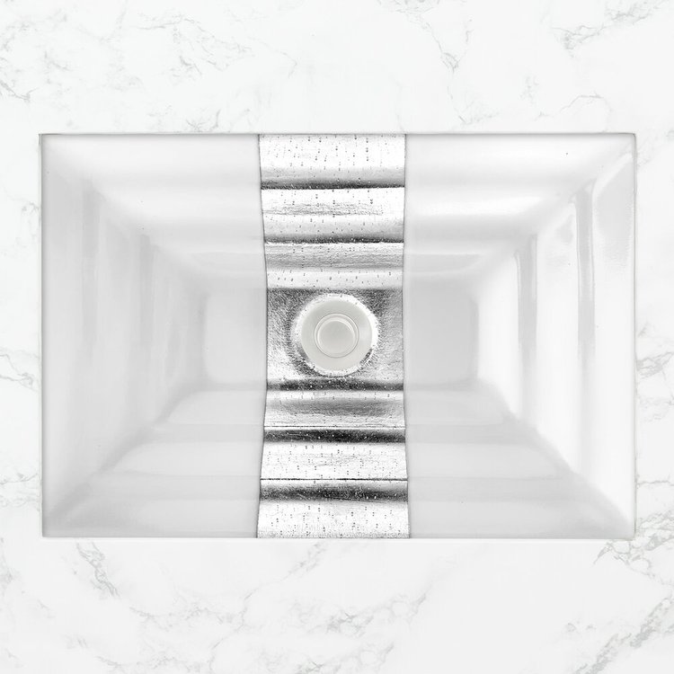 Linkasink Bathroom Sinks - Artisan Glass - AG11A-01SLV - Églomisé Ribbon Small Rectangle - White Glass with Silver Ribbon - Undermount - OD: 18" x 12" x 4" - ID: 15.5" x 10" - Drain: 1.5"