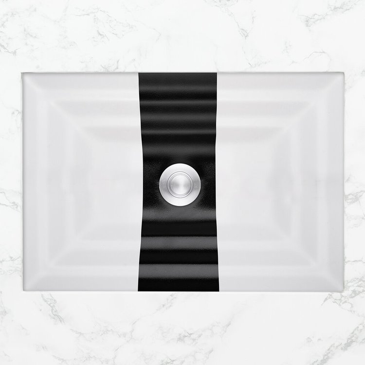 Linkasink Bathroom Sinks - Artisan Glass - AG13C - Ribbon Large Rectangle - Black Glass With White Ribbon - Undermount - OD: 23” x 15” x 4” - ID: 20.5” x 12.5” - Drain: 1.5"