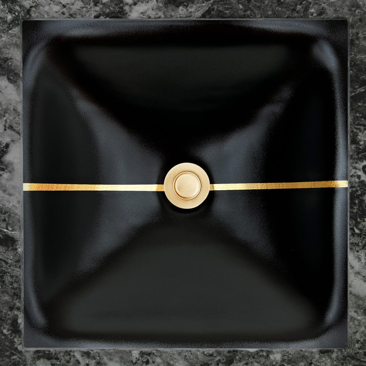 Linkasink Bathroom Sinks - Artisan Glass - AG15E-04GLD - Dune Stripe Square - Black Glass With Gold Leaf Accent - Undermount - OD: 16.5" x 16.5” x 4” - ID: 14” x 14” - Drain: 1.5"