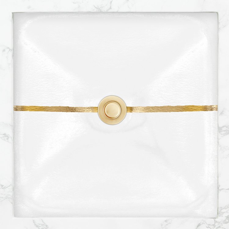 Linkasink Bathroom Sinks - Artisan Glass - AG16E-01GLD - Dune River Square - White Glass With Gold Leaf Accent - Undermount - OD: 16.5" x 16.5” x 4” - ID: 14” x 14” - Drain: 1.5"