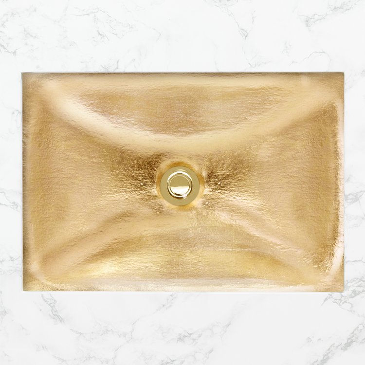 Linkasink Bathroom Sinks - Artisan Glass - AG17B-GLD - Dune Solid Medium Rectangle - Artisan Glass With Gold Leaf Accent - Undermount - OD: 20" x 164” x 4” - ID: 18” x 12” - Drain: 1.5"