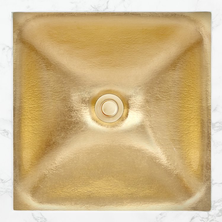 Linkasink Bathroom Sinks - Artisan Glass - AG17E-GLD - Dune Solid Square - Artisan Glass With Gold Leaf Accent - Undermount - OD: 16.5" x 16.5” x 4” - ID: 18” x 12” - Drain: 1.5"