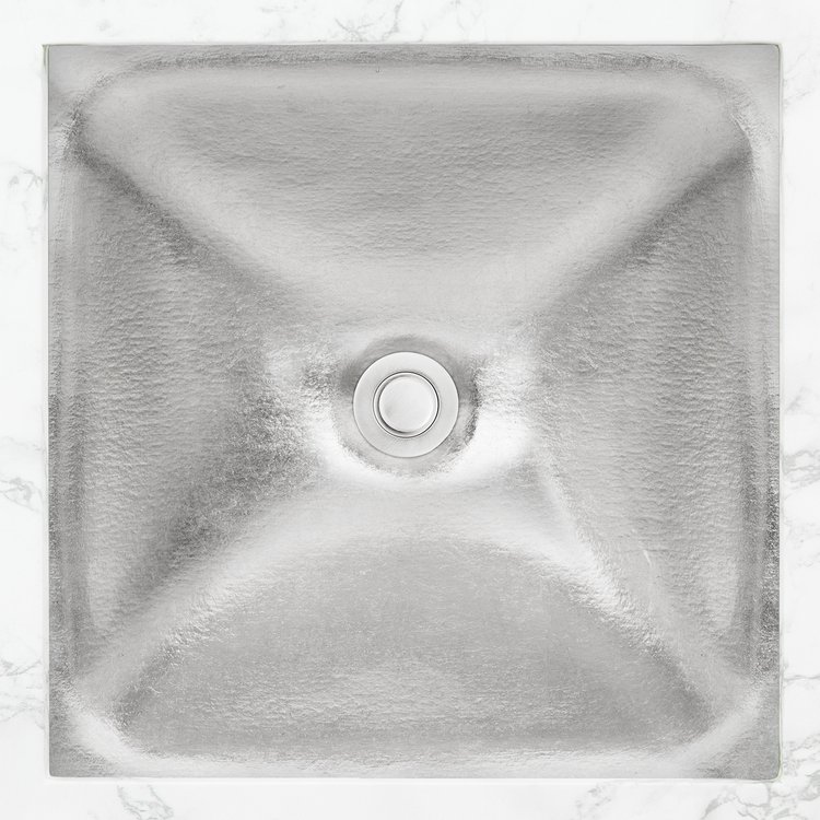 Linkasink Bathroom Sinks - Artisan Glass - AG17E-SLV - Dune Solid Square - Artisan Glass With Silver Leaf Accent - Undermount - OD: 16.5" x 16.5” x 4” - ID: 18” x 12” - Drain: 1.5"