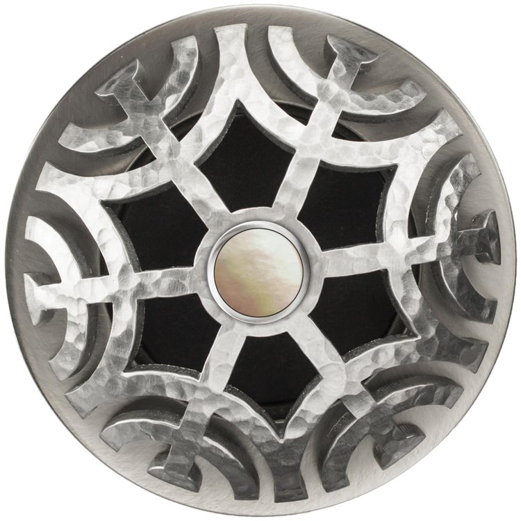 Linkasink - D011 SH-SCR02-O - 1.5" Grid Strainer - Satin Hammered Stainless Steel - Maze with Mother of Pearl Screw - Overflow