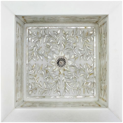 Linkasink Bathroom Sinks - Square White Marble Mother of Pearl Inlay - MI05 Floral Drop-In Bath Sink with 1.5" Drain Opening - Click Image to Close