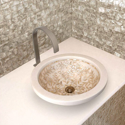 Linkasink Bathroom Sinks - White Marble with Mother of Pearl Inlay - MI11 Round Floral Bath Sink