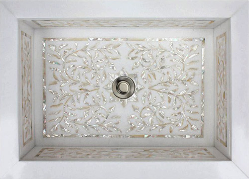 Linkasink Bathroom Sinks - White Marble Mother of Pearl Inlay - MI01 Floral Drop-In Bath Sink with 1.5" Drain Opening