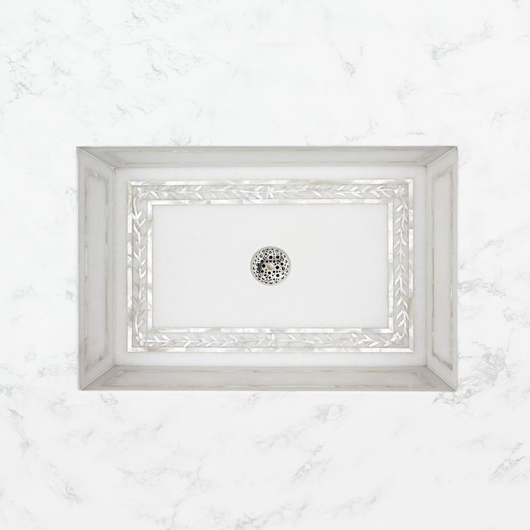 Linkasink Bathroom Sinks - White Marble with Mother of Pearl Inlay - MI10 Rectangular Laurel Undermount Bath Sink