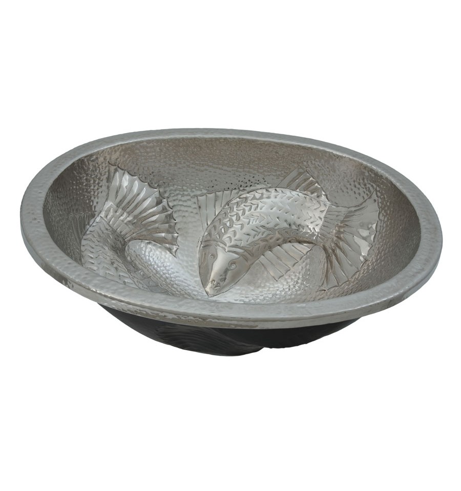 Thompson Traders Sinks - Bathroom Sinks - Zihuatanejo - Oval Fish Shaped Handcrafted Nickel 18 Gauge - 23-1221-C - Hammered Nickel Finish Thompson Traders Sinks - Bathroom Sinks - Zihuatanejo - Oval Fish Shaped Handcrafted Nickel 18 Gauge - 23-1221-C - Hammered Nickel Finish